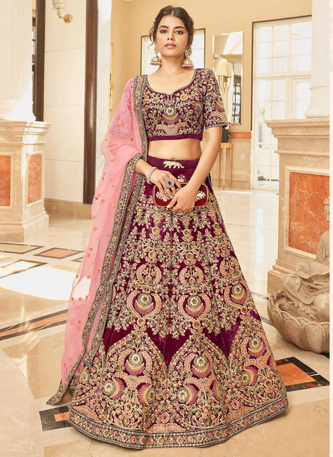 Velvet Maroon Bridal Wear Embroidery Work Lehenga Choli